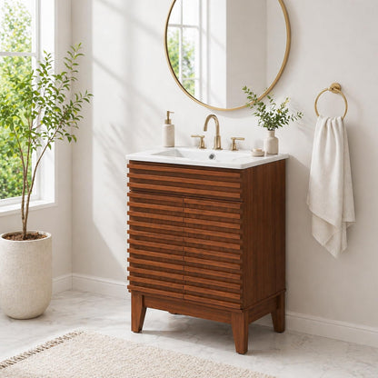 LUXEYARD 24 Inch Bathroom Vanity with Sink, Walnut Fluted Freestanding Bathroom Vanity Cabinet with Ceramic Sink Top, Solid Wood Legs, Soft Close Double Doors and Modern Storage Cabinet