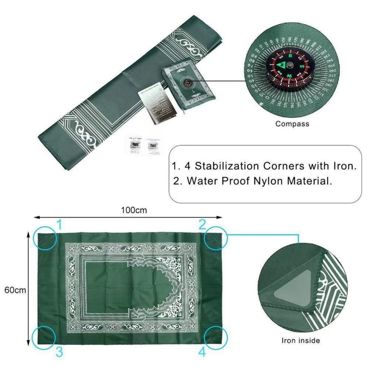 Portable Polyester Muslim Prayer Mat, Square Unnapped Woven Fabric with Directional Compass for Travel & Daily Prayer(D.Green)