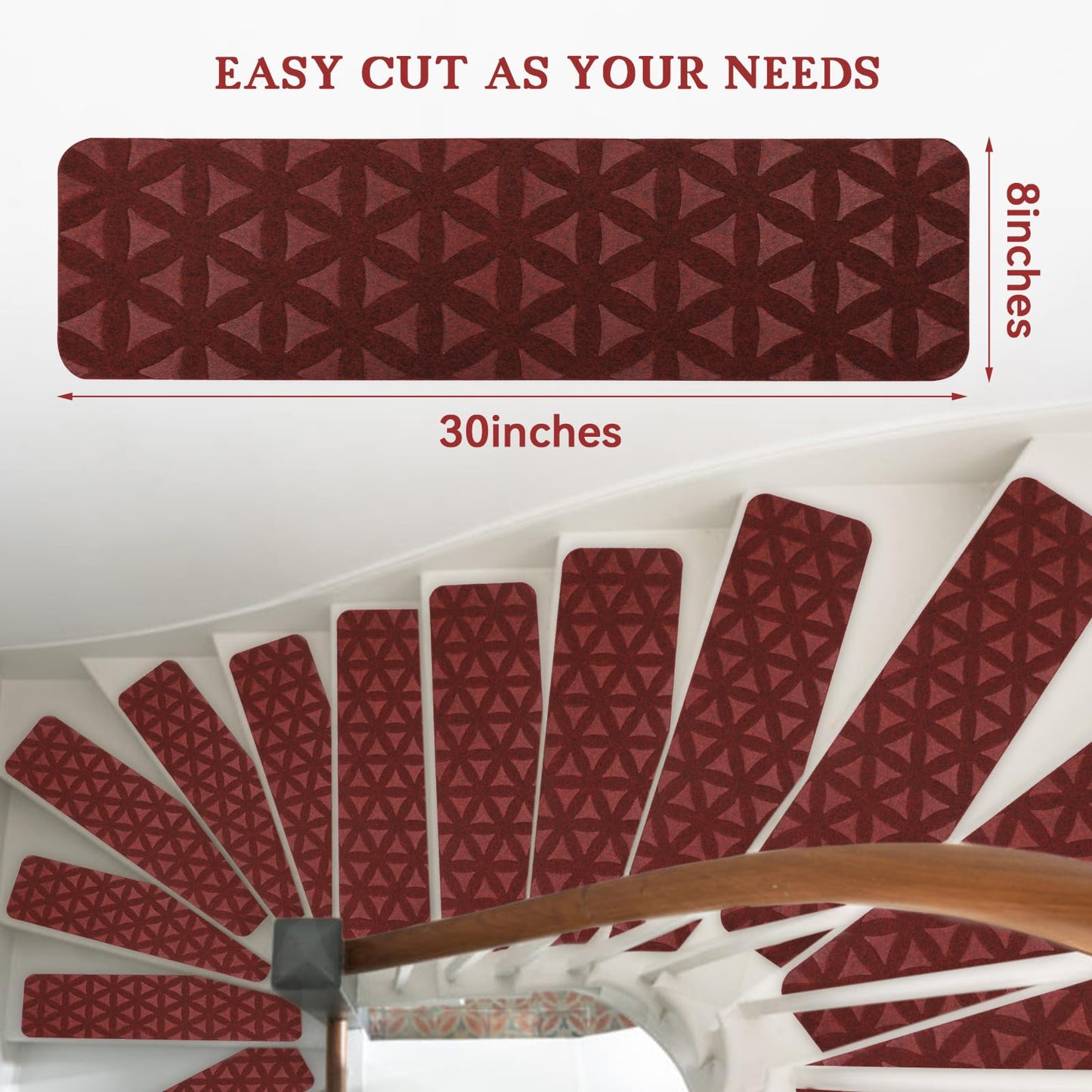 RIOLAND Non-Slip Carpet Stair Treads for Wooden Steps Indoor, 8" X 30", 15 Pack Peel and Stick Stair Treads Runners for Kids Elders and Pets, Red