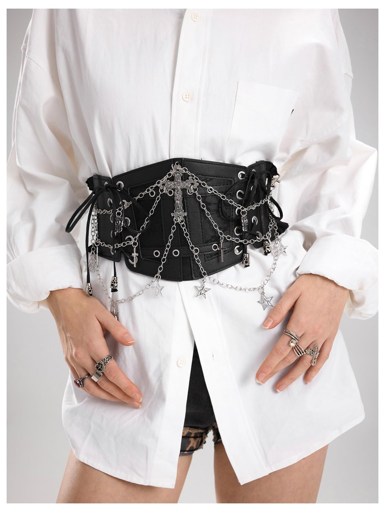 WDIRARA Women's Faux Leather Corset Belt Chain Goth Punk Cross Lace Up Side Elastic Waist Corset Black Medium