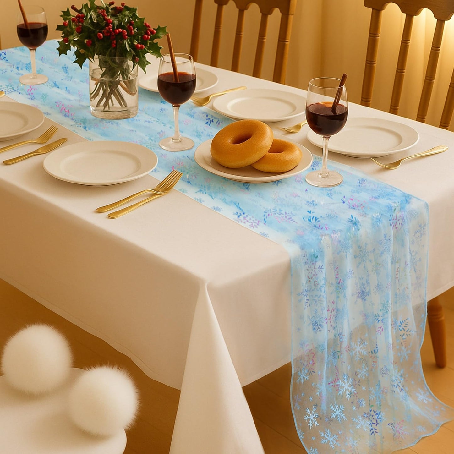 Windkream 2 Pack Blue Snowflake Table Runner 29x120 Inch Princess Theme Birthday Party Decorations Lace Tulle Table Decor Home Dining Room Kitchen Holiday Wedding Anniversary Veil Decor