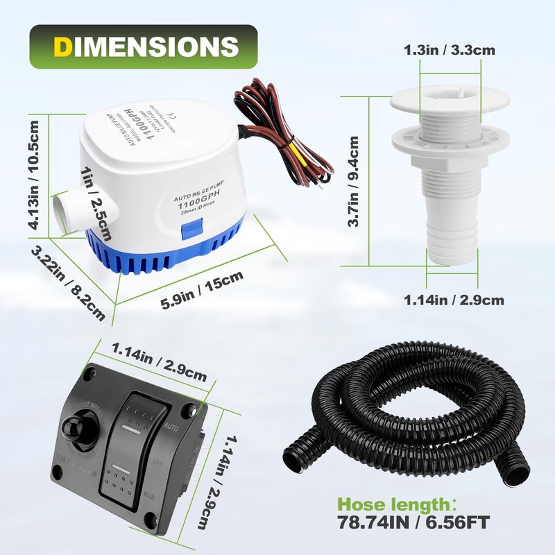 1100 GPH Automatic Boat Bilge Water Pump 12V with 3 Way Switch Panel & 1-1/8 Inch Dia Bilge Pump Plumbing Kit Ideal for Fishing Boats, Cruisers, Runabouts, Yachts