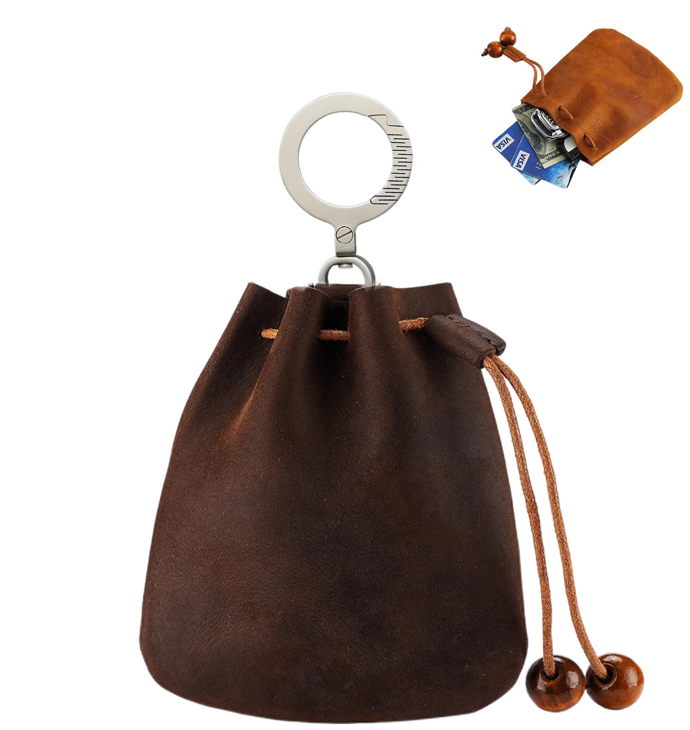SICOPERT Mini Leather Drawstring Coin Purse with Titanium Alloy Key Ring, Genuine Crazy Horse Leather Small Pouch Keychain Wallet for Coins, Keys, Earbuds, Jewelry, Essentials, Gift for Women and Men