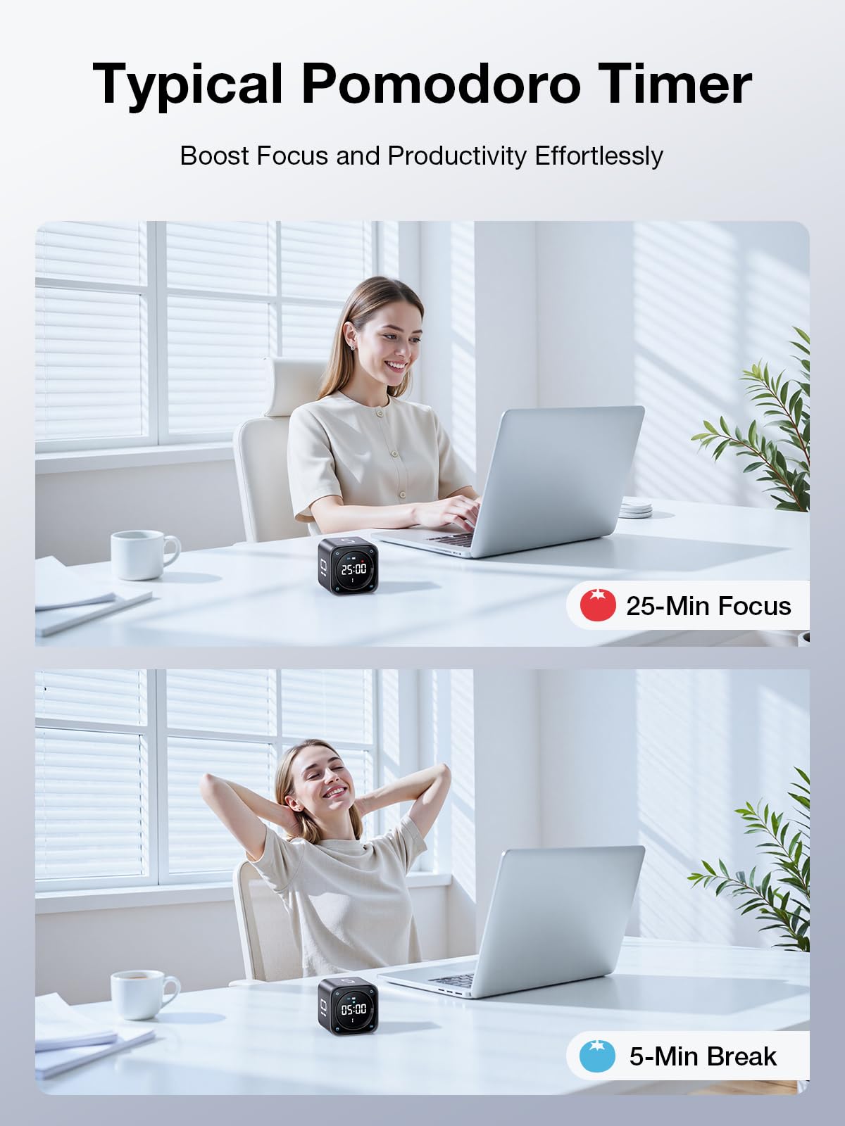 TK3 Pomodoro Timer Cube, Desk Productivity Timer with 5/10/30/60 Min Presets, Custom Countdown, Stopwatch, Clock, 3 Alarm, Silent, Vibrate & Sound Mode, for Task, ADHD, Study, Kitchen,Obsidian Black