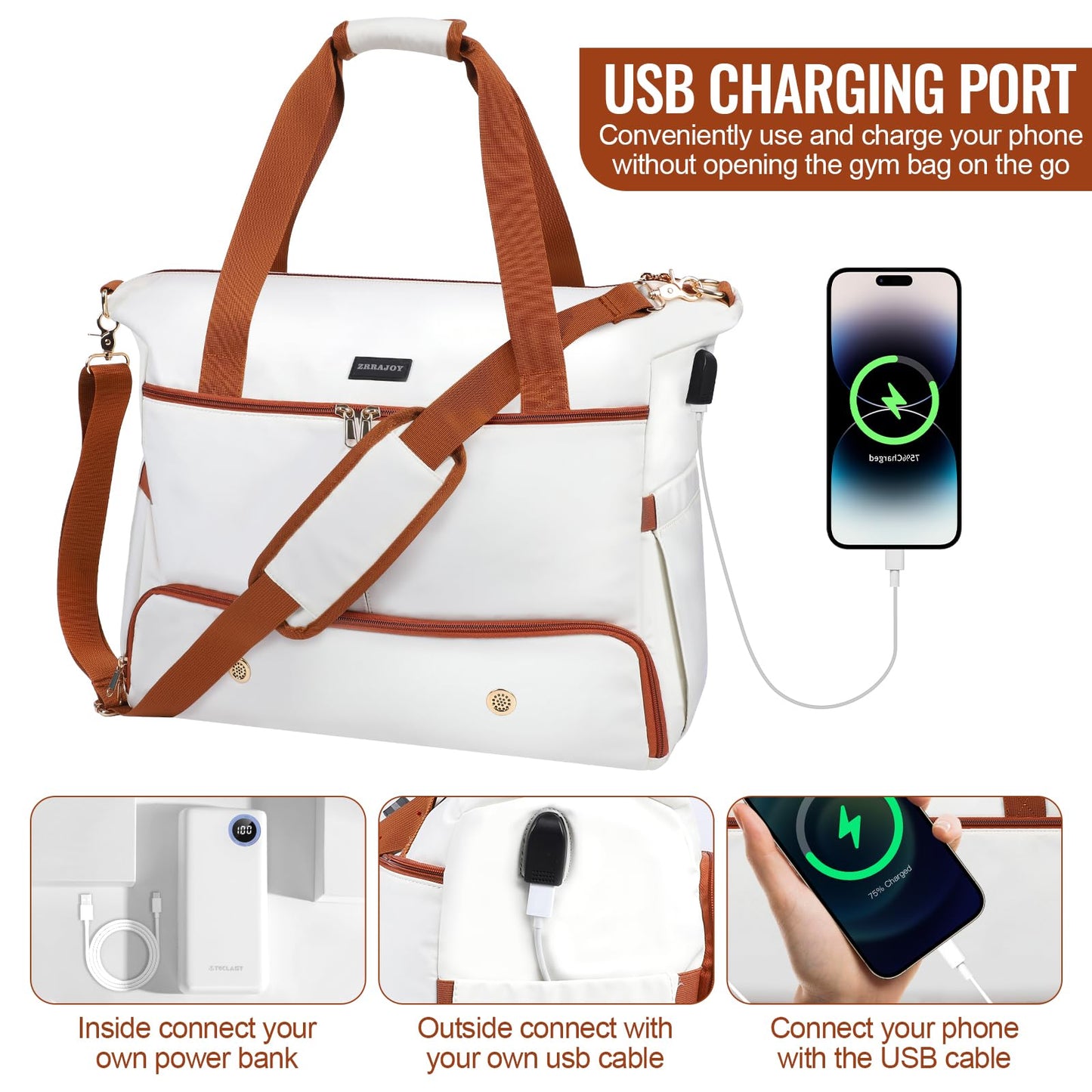 ZRRAJOY Weekender Overnight Bag for Women, Large Travel Duffel with Shoe Compartment, Wet Pocket, USB Charging Port, Carry-On Gym Tote Bag (Beige Brown)