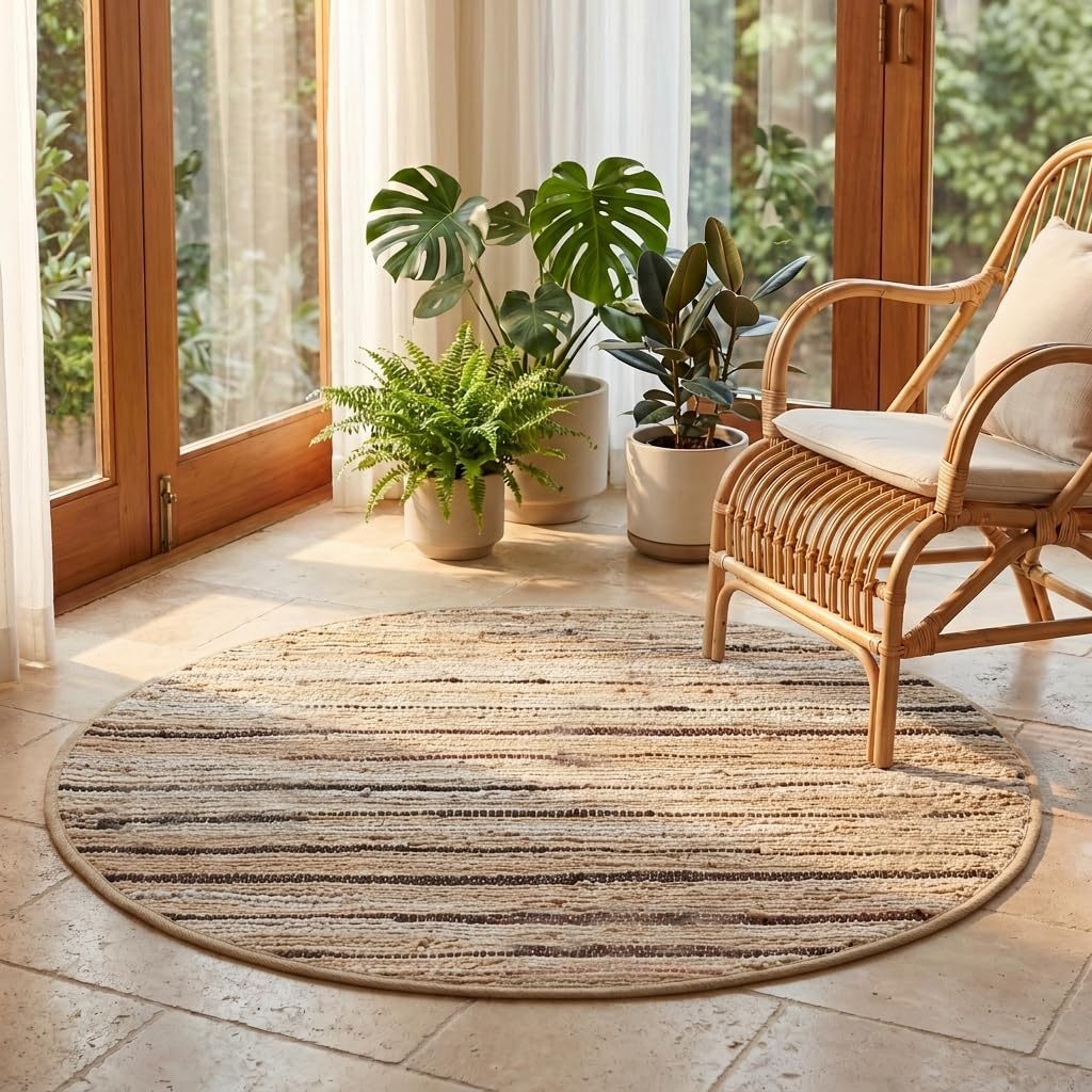 Cotton Hand Woven Chindi Area Rug 4 Feet Round - Beige, Reversible Circle Green Dinning Space Floor Rugs Ideal for Bedroom, Living Room, Kitchen | Linen Farmhouse Recycled Patio Mats for Balcony Décor