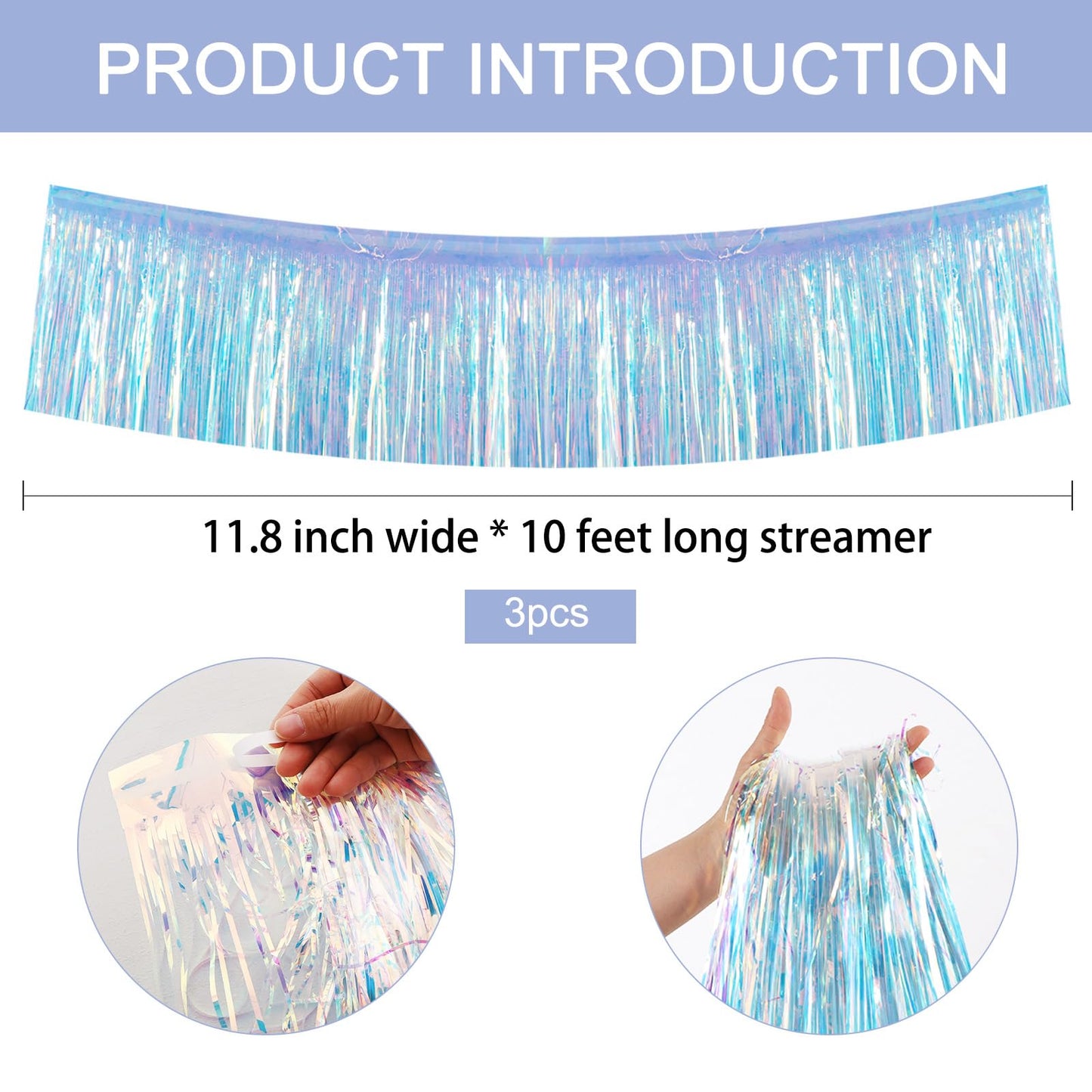 BEISHIDA 3 Packs 30 Feet Metallic Foil Fringe Garland Tinsel Streamers，Iridescent Blue Wall Hanging Tinsel Fringe Banners for Wedding Birthday Party Decoration Halloween Christmas New Year