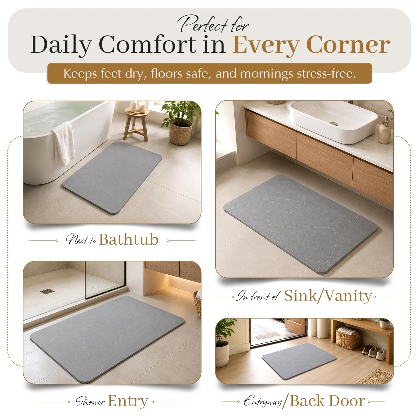 Super Absorbent Stone Bath Mat 24x16, Diatomaceous Earth Bath Mat with Non Slip Grip, Water Absorbing Stone Surface for Shower, Tub, Sink & Vanity, Gray