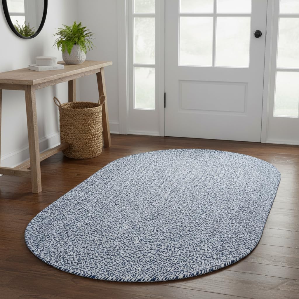 Super Area Rugs Oval Braided Rugs for Kitchen - Cotton Braided Rug 2x3 - Oval Soft Bathroom Throw Rugs, Woven Rug for Bedside, Blue & White