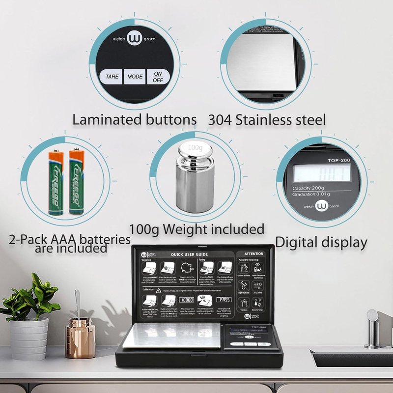 Digital Pocket Gram Scale - 200g Capacity, 0.01g Accuracy | Compact Mini Food & Jewelry Scale with Calibration Weight