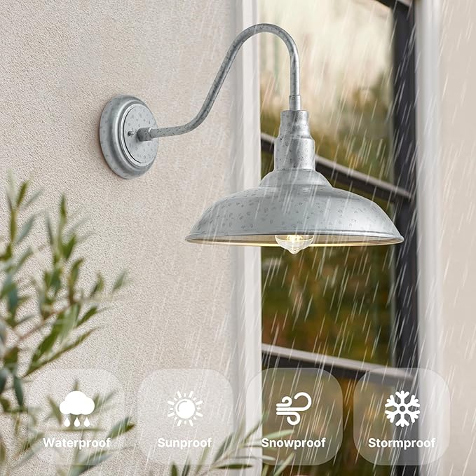10in Dome Outdoor Gooseneck Barn Light Sliver Exterior Patio Wall Lantern Farmhouse Style Galvanized Outdoor Porch Wall Sconce for House, Garage Gooseneck Lighting Fixture 1 Pack, LM2201-SV