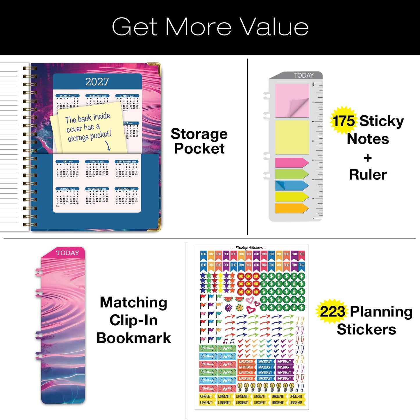 HARDCOVER Academic Year 2026-2027 Planner: 14 Months (May 2026 Through June 2027) 8.5"x 11" Daily Weekly Monthly Planner Yearly Agenda. Bookmark, Pocket Folder and Sticky Note Set (Summer Bliss)