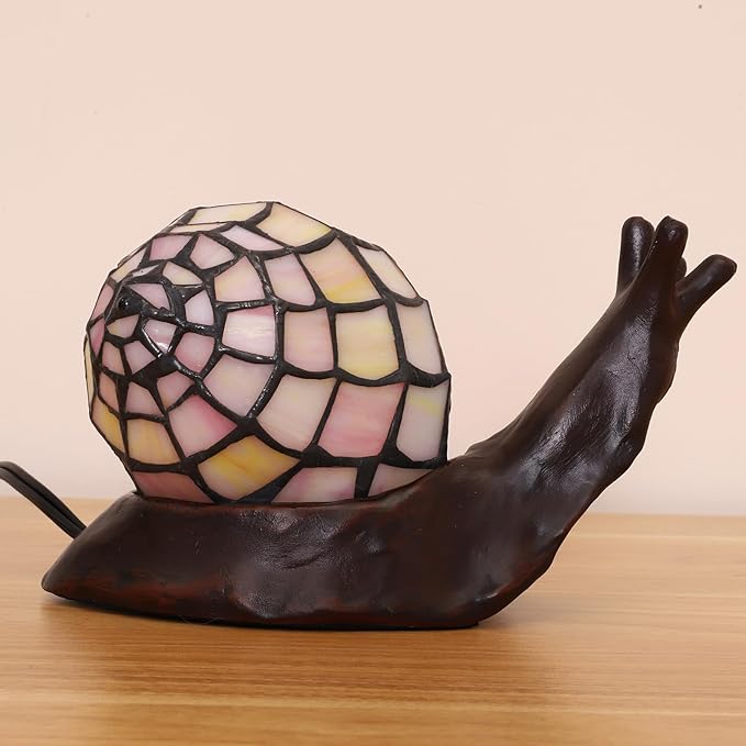 Tiffany Style Pink Snail Accent Table Lamp Handmade Stained Glass Shade Night Light for Kids with 3 Color Temperatures LED Bulb - Ideal Gift for Home Decor(8" D x 5." W x 5." H)