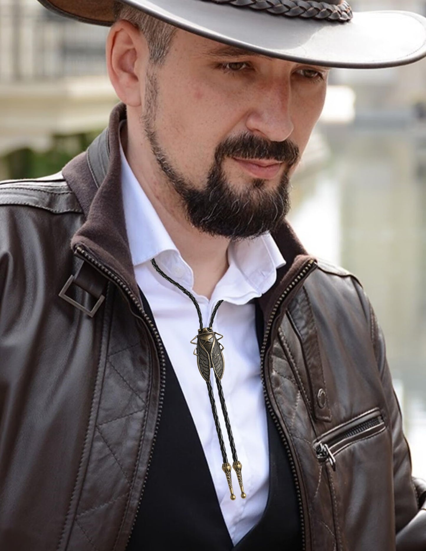 Wrlcorly 5Pcs Bolo Tie for Men Western Cowboy Leather Necktie Handmade Tiger Eye Cicada Turquoise Cow Skull Flower Eagle Halloween Costume Accessories