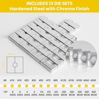 HYCLAT 16 Tons Hydraulic Wire Crimping Tool Battery Cable Lug Terminal Crimper With 13 Pairs of Dies, 9AWG to 600MCM Crimping Tool