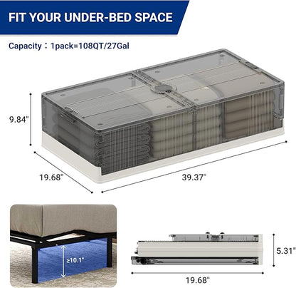 FLEXIMOUNTS 2-Pack Under Bed Storage with Wheels, 108 QT Large Collapsible & Stackable Containers, Foldable Organizer Bins for Blankets, Shoes, Books, Bedroom Closet
