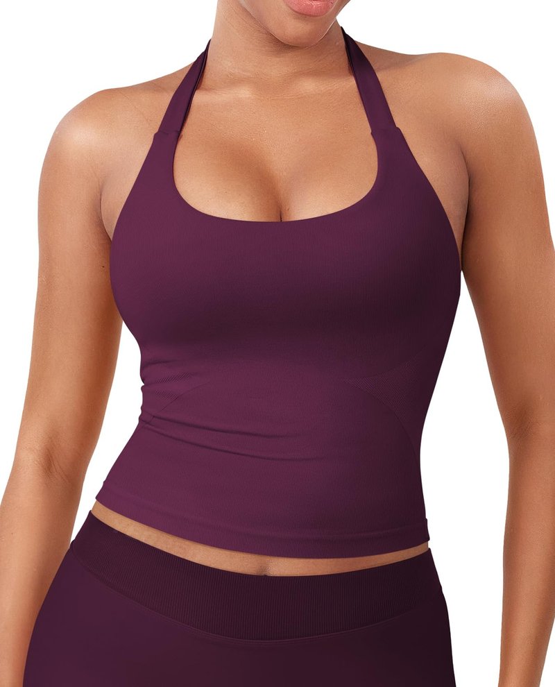 YEOREO SoftHue Women's Impact Halter Tank Top Longline Backless Scoop Neck Built-in Bra Sports Workout Gym Crop Top Jam Cherry S