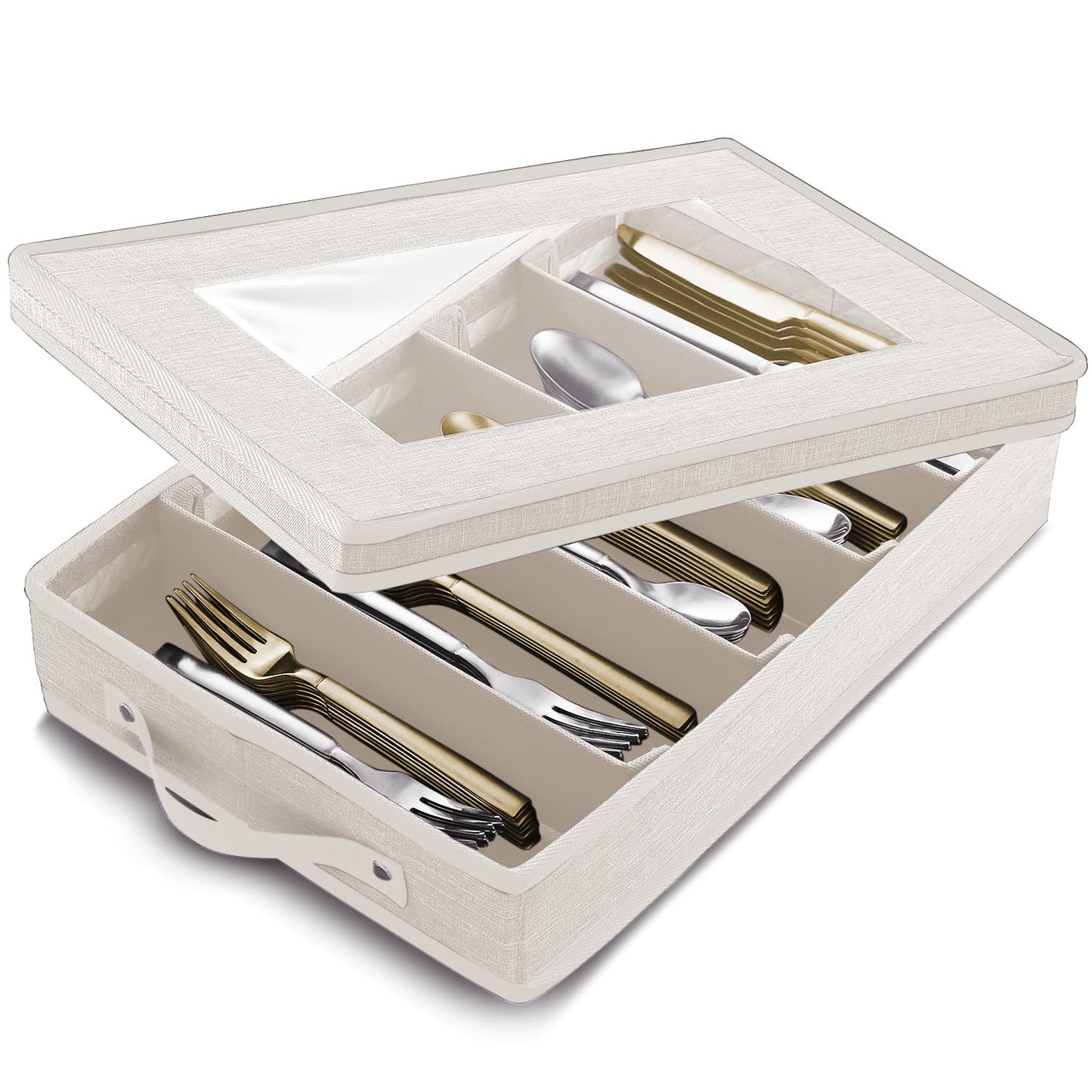 Flatware & Utensil Storage, Durable Silverware Storage Box with Padded Dividers, 5 Compartment Flatware Storage Case, Silverware Case with Handles, Protects and Organizes Cutlery, Cream