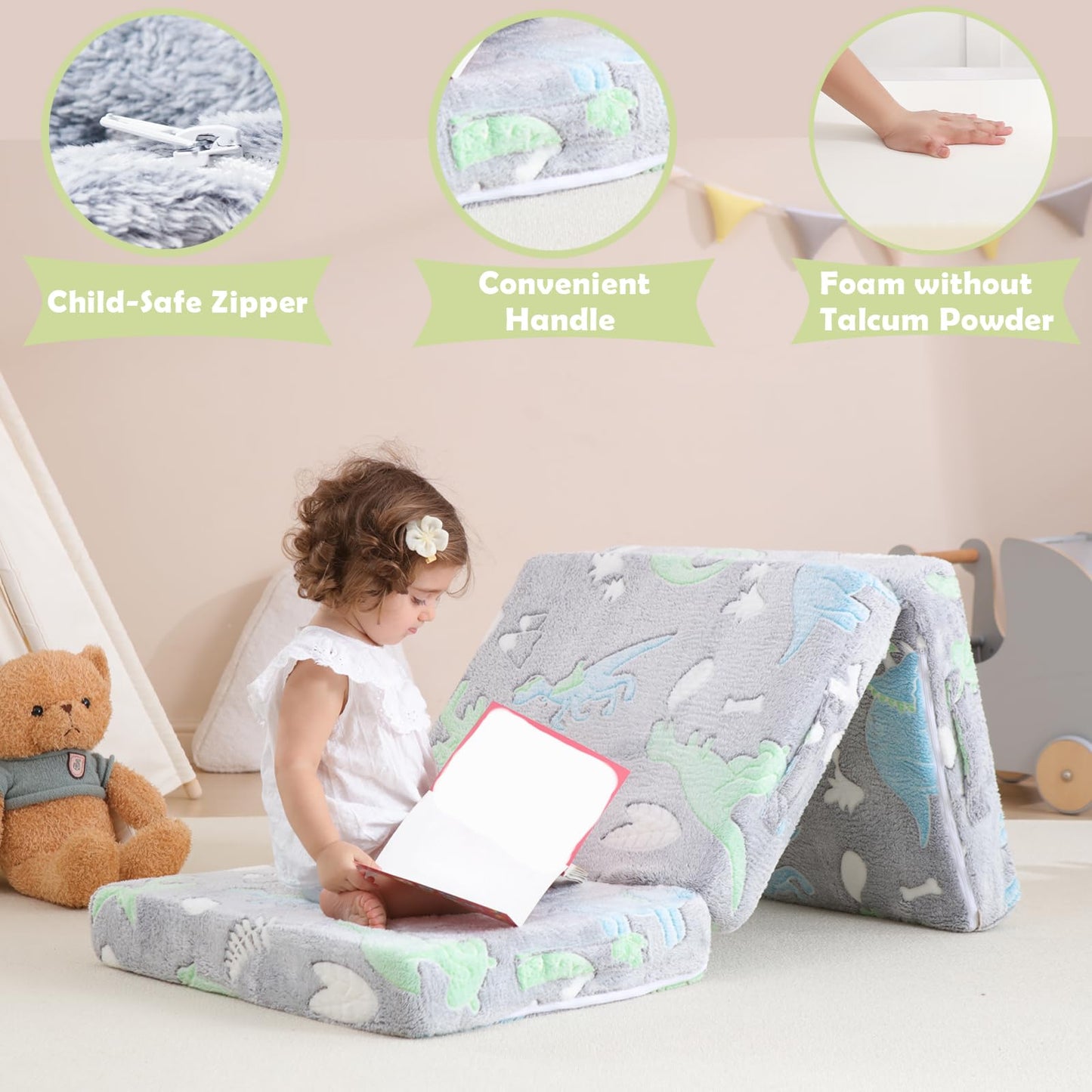 Kisdsa Foldable Floor Mattress for Kids,Folding Toddler Floor Nap Mat for Sleeping Daycare,Trifold Foam Mattress Floor Bed,Child Trifold Futon Sofa with Storage Bag,57''x23''(Glow Dino)