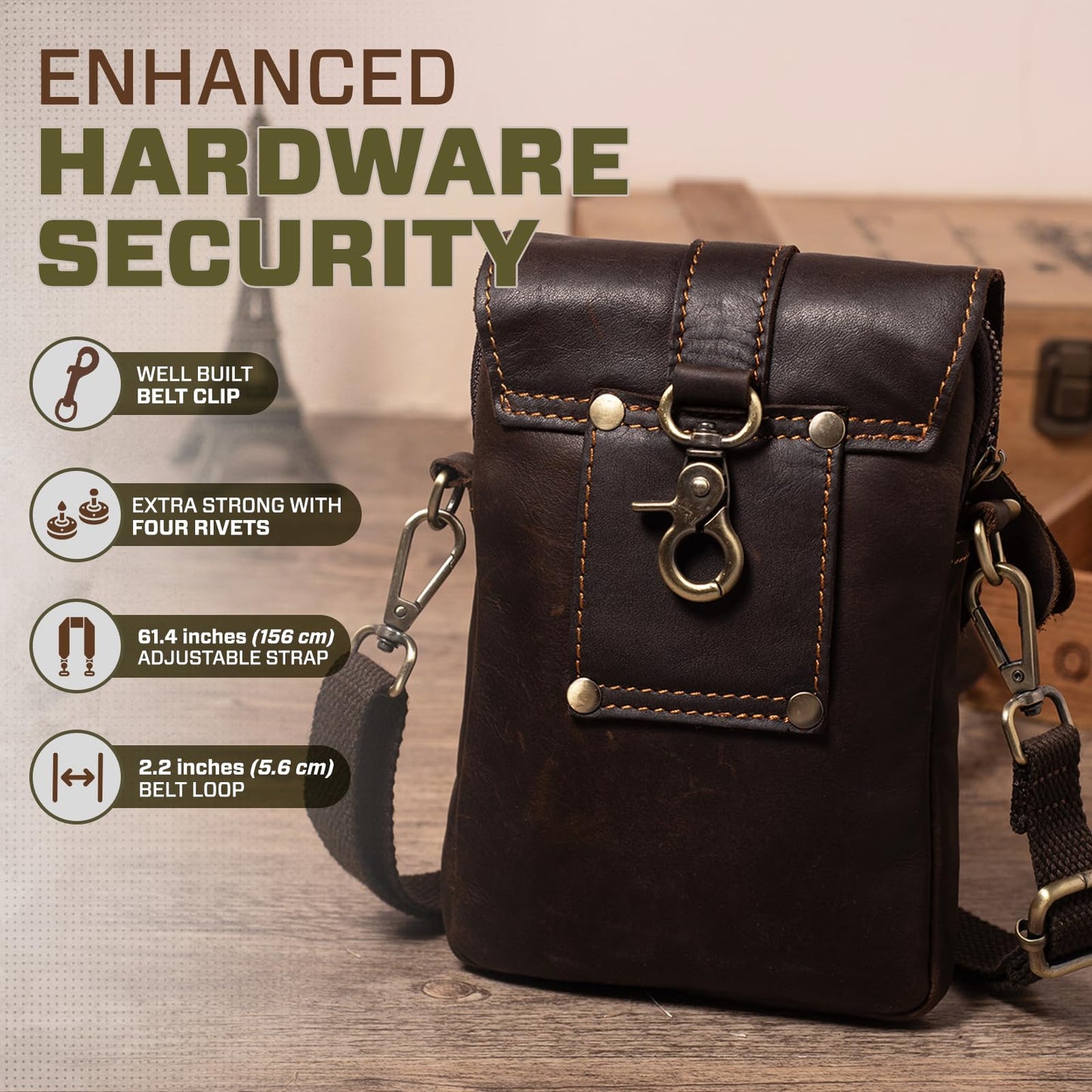 Hengwin Leather Crossbody Phone Purse for Men, Belt Pouch with Multi Pockets, Fits for 6.7" Smartphones, Small Messenger Bag Cell Phone Belt Holster Waist Bag for Travel, Hiking, Daily Use (Coffee)