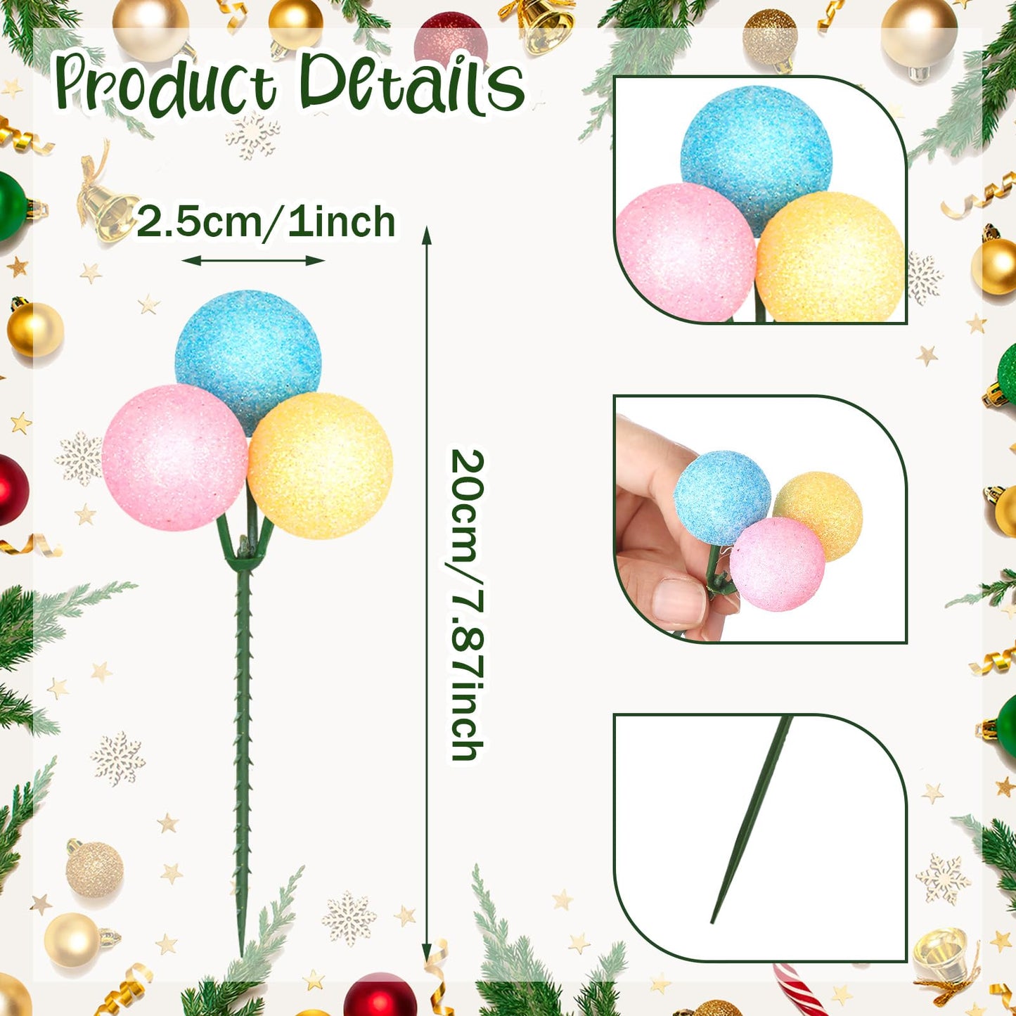 Syhood 12 Set 7.9 Inch Christmas Ball Ornaments on Wired Picks Shatterproof Xmas Pastel Ball Picks for Christmas Tree Vase Wreath Stairs Garland Decoration Supplies