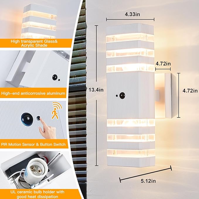 2 Pack Motion Sensor Outdoor Wall Lights with 4 Dimmable Bulbs, Modern White Dusk to Dawn Porch Sconces Waterproof Up Down Exterior Lighting Fixtures, Outside Coach Lamp for House Garage Front Door