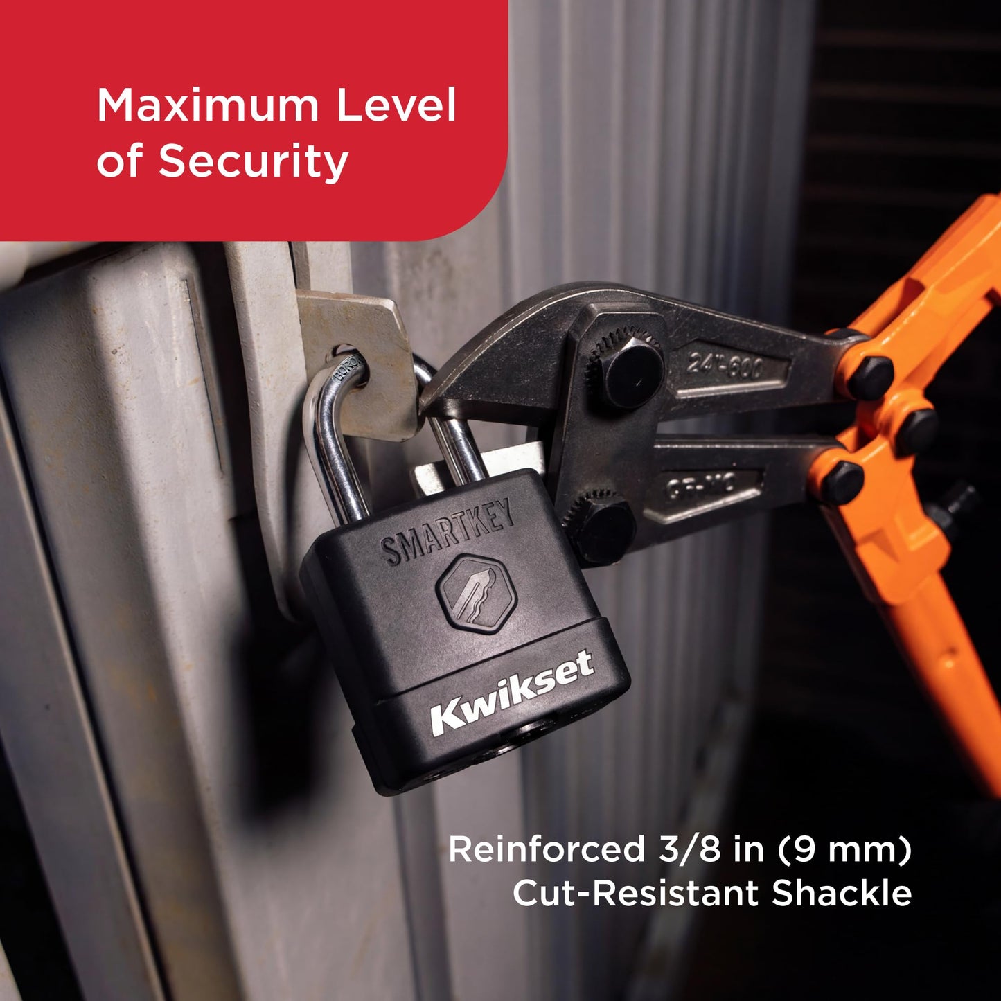Kwikset SmartKey Re-Keyable Laminated Steel Padlock with Boron Carbide Shackle, with Weather Cover, Outdoor Gate and Storage Lock, 2 in Body, 1-1/2 in Shackle, 4 Pack Keyed Alike, Silver