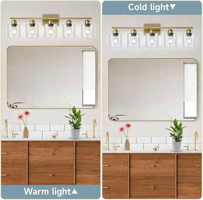 Modern Brushed Gold 5 Light Bathroom Vanity Light,31 inch Vanity Lights for Bathroom with Clear Glass for Mirror Kitchen Living Room Hallway Cabinet Porch