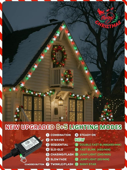 Upgraded 250 LED C6 Connectable Christmas String Light Red Green and White, 82FT Waterproof Christmas Twinkle Light Outdoor, Plug in Fairy Lights Indoor with 13 Modes & Timer for Christmas Decoration