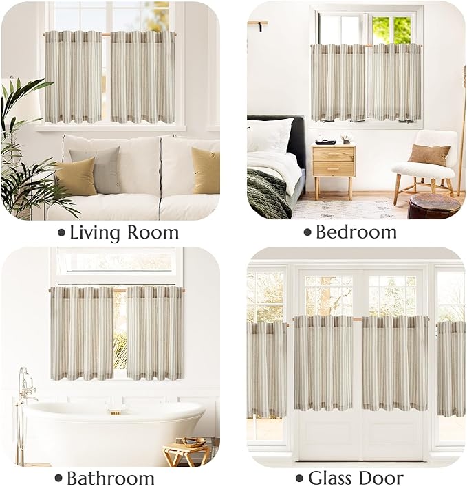 jinchan Striped Linen Kitchen Curtains 24 Inches Tier Curtains Farmhouse Modern Cafe Style Small Window Treatments Airy Light Filtering Rod Pocket for Living Room Bathroom 2 Panels Taupe Grey
