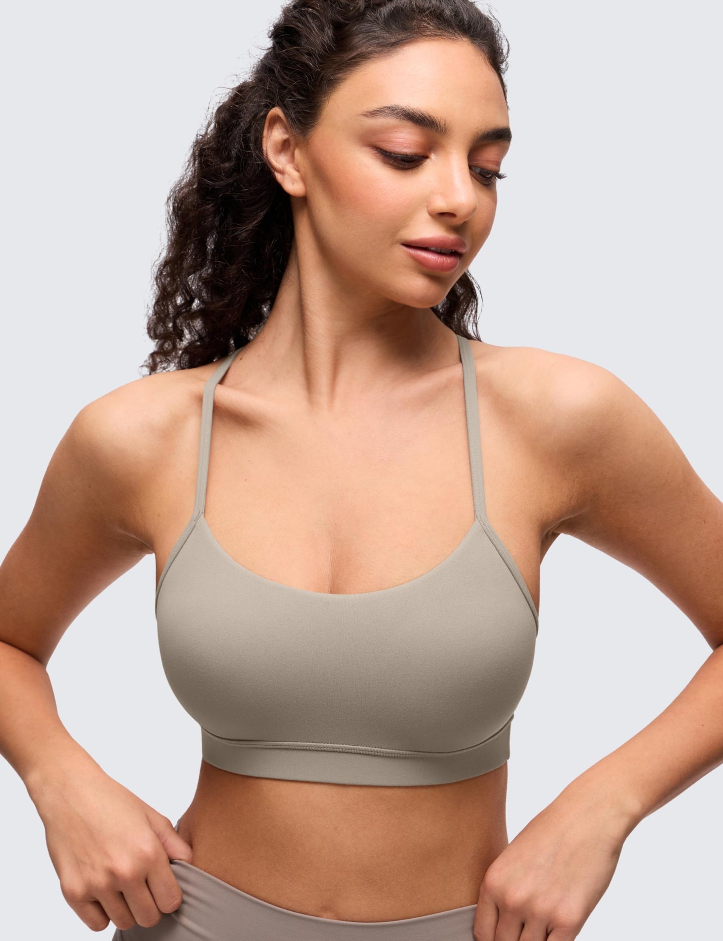 CRZ YOGA Butterluxe Y Back Sports Bras for Women - Padded Racerback Low Impact Spaghetti Thin Strap Workout Yoga Top Warm Ash Grey Small