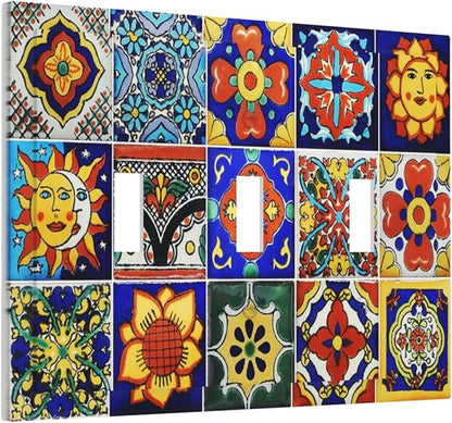 Traditional Colorful Talavera Mexican Spanish Moroccan Tiles 3 Gang Wall Plates Decorative Triple Toggle Light Switch Cover Electrical Switchplate Unused Decorate Faceplate for Bathroom Home