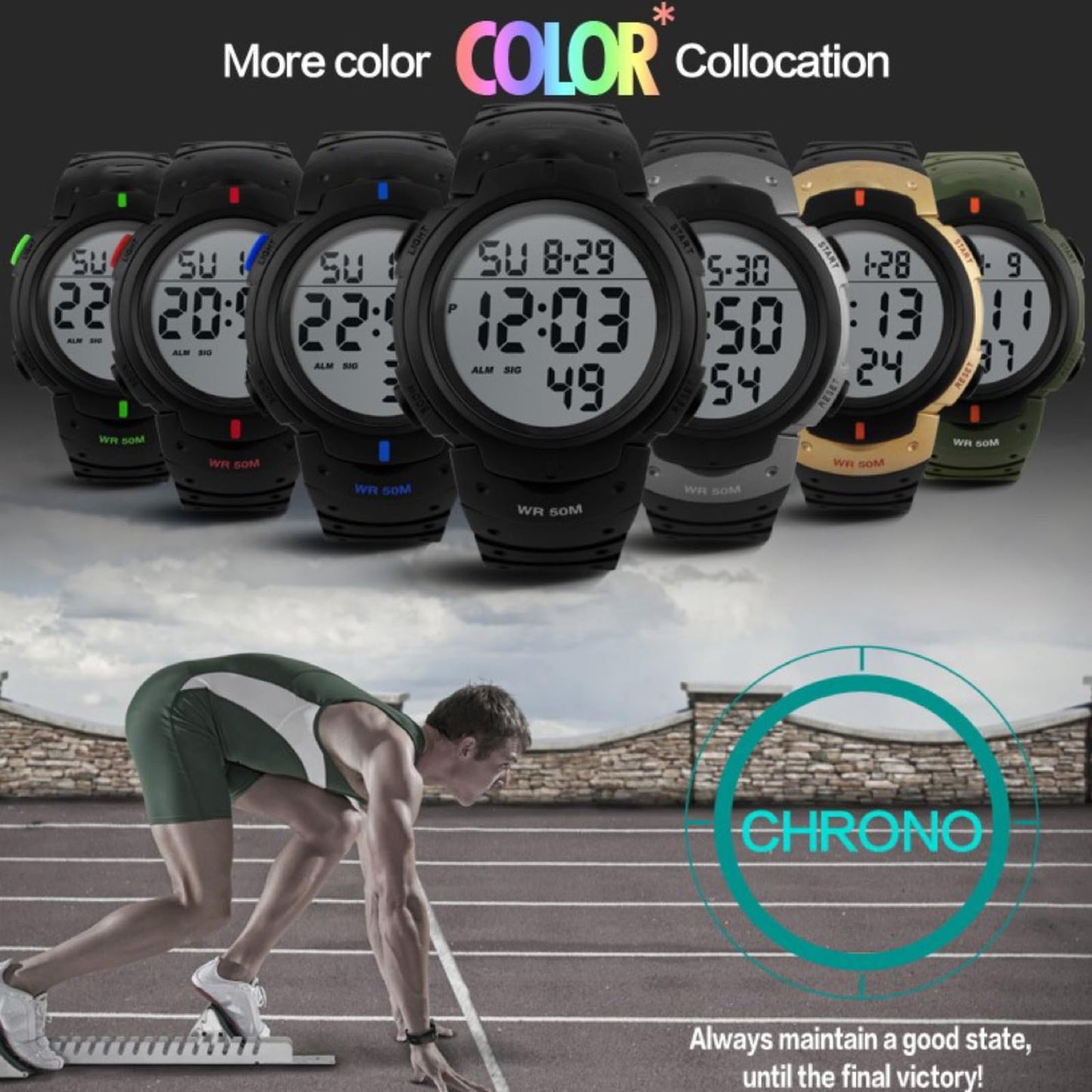 Mens Digital Waterproof Sports Watch LED Screen Large Face Military Watches for Men Casual Luminous Stopwatch Alarm Simple Army Watch