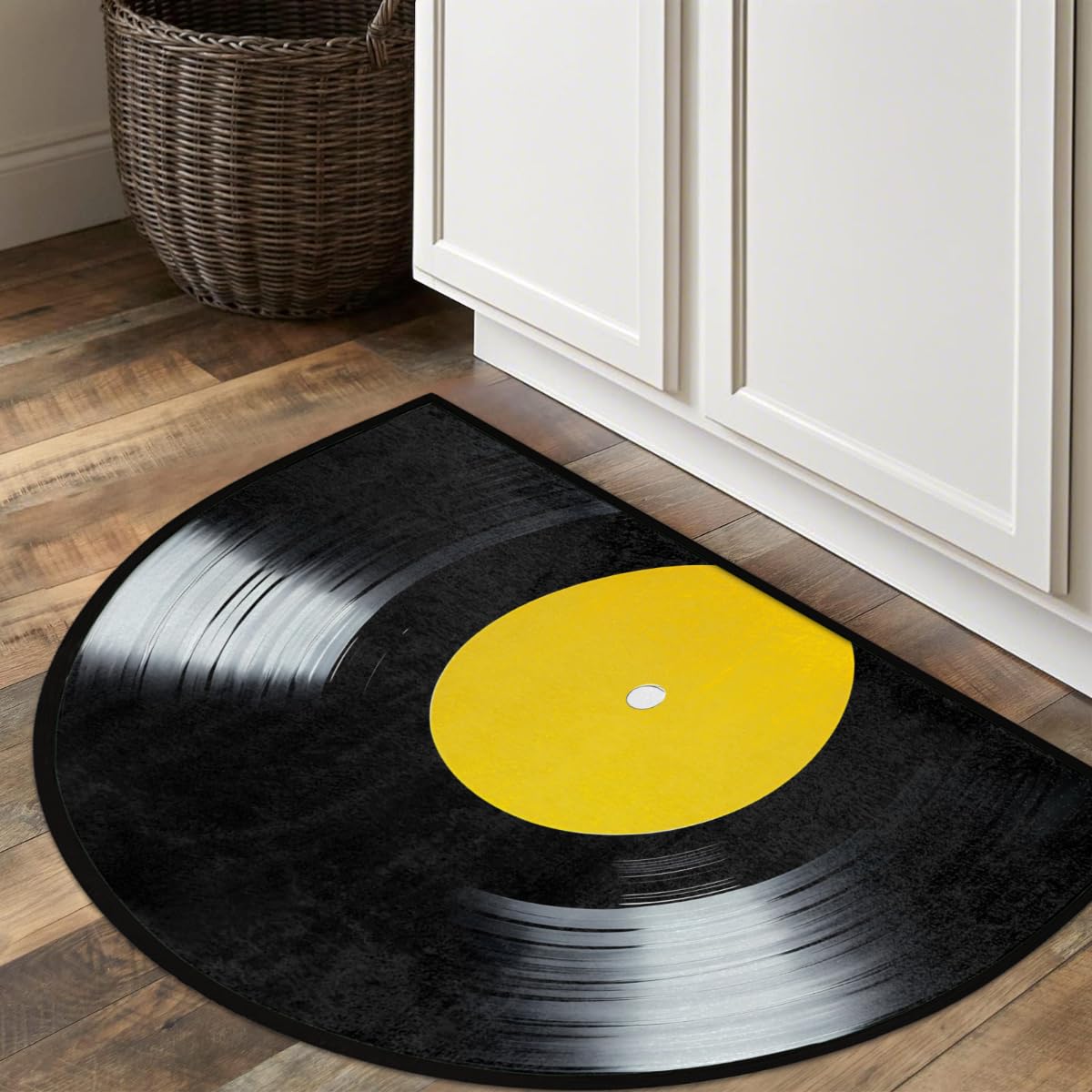 YPPAHHHH Half Round Door Mat Yellow Label Black Vinyl Record Welcome Mats Non-Slip Front Doormat Indoor Entrance Half Circle Bathroom Mat Low-Profile Kitchen Floor Mats, 36x24in