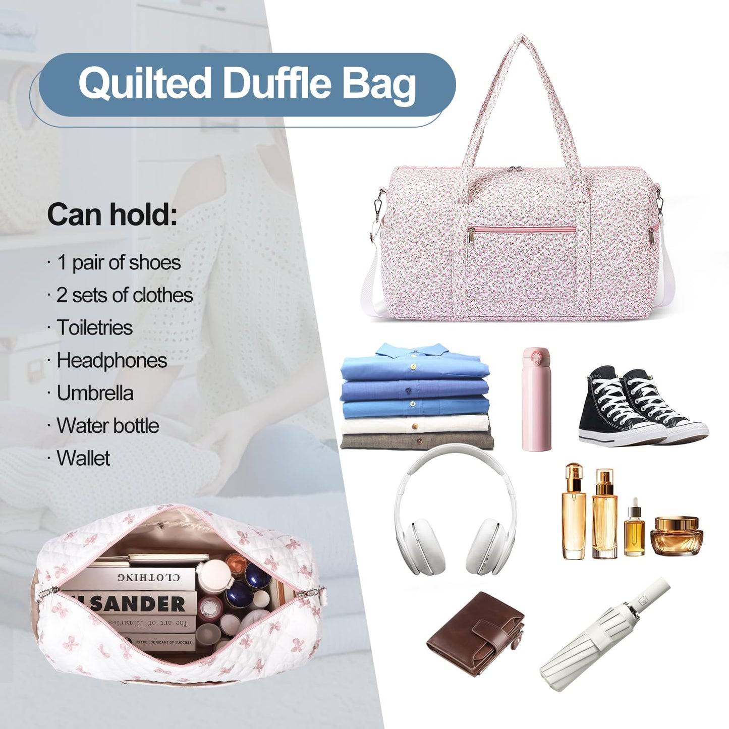 Gym Bag for Women, Cute Duffle Bag, Quilted Duffle Bag for Travel, Floral Duffle Bags, Weekend Bag with Zipper Pocket Dance Bag Organizer