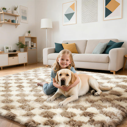 Checkered Rug for Bedroom, 2x4 Beige and White Area Rugs, Classic Checkered Carpets Shag Area Rug, Bedside Rugs for Living Room Bedroom Room Home Decor