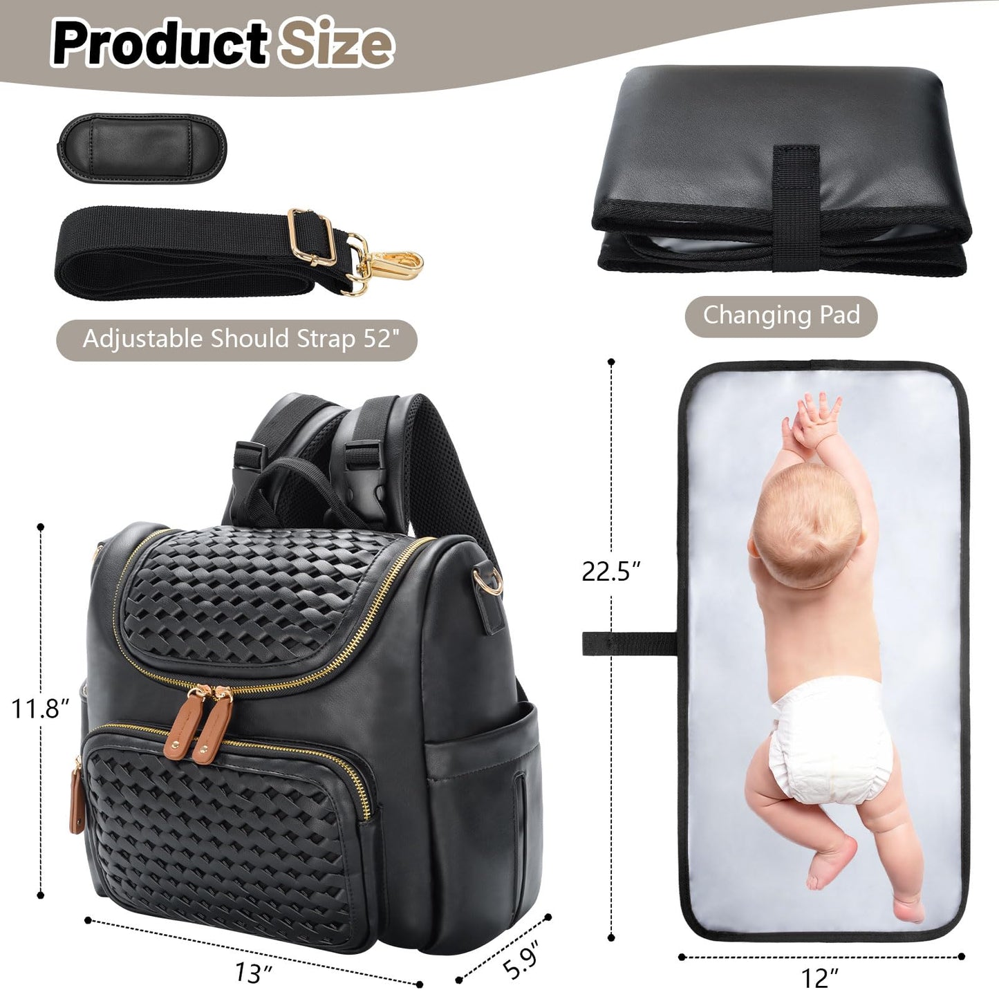 Minsong Diaper Bag Backpack, Small Diaper Backpack for Mom with Changing Station, Stylish Vegan Leather Travel Diaper Nappy Bags (Black)