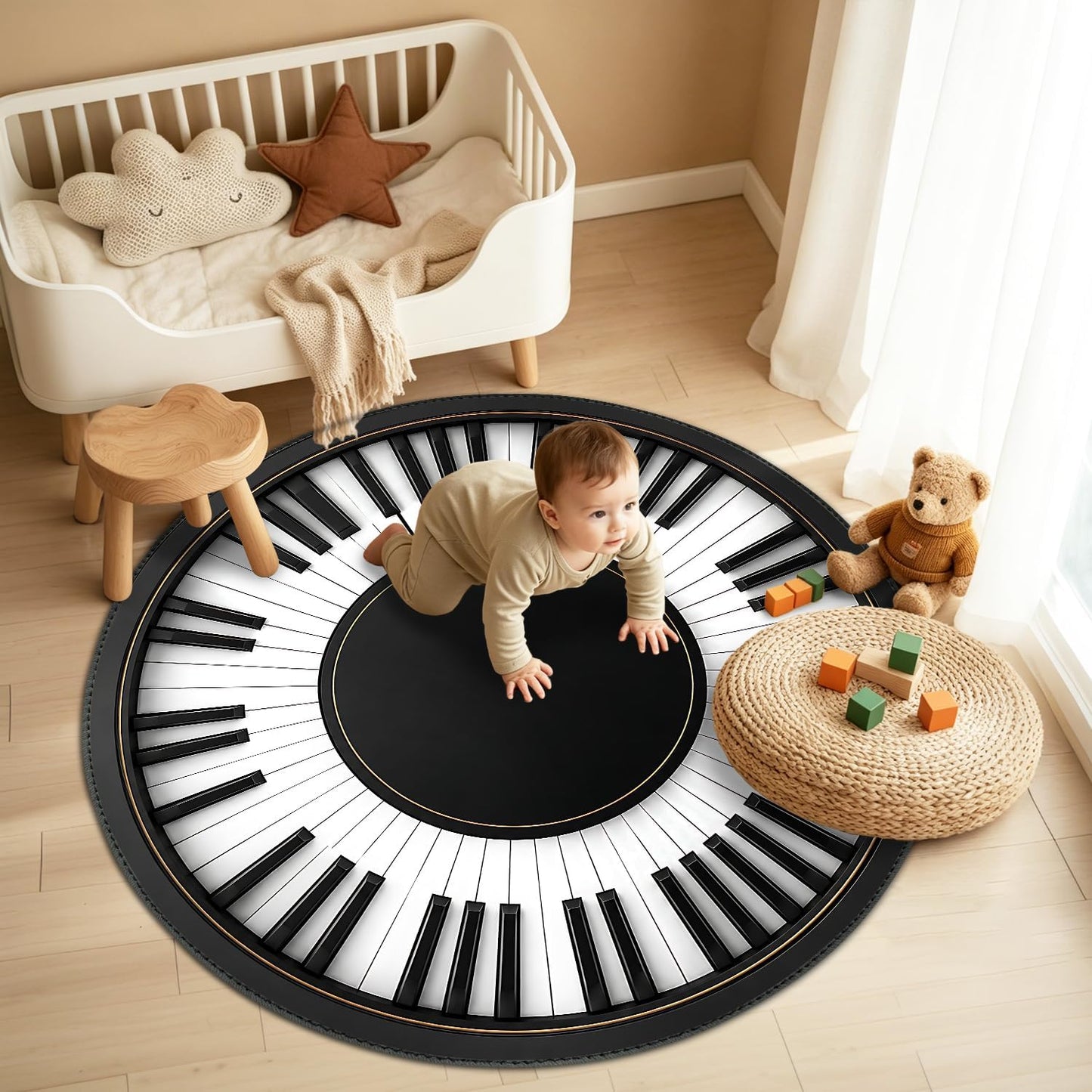 Round Area Rug 4ft – Piano Keyboard Round Rug, Washable Circular Floor Carpet for Living Room, Bedroom, Music Room, Studio, Non Slip Decorative Piano Key Rug