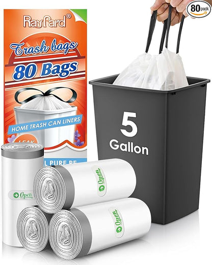 5 Gallon 80 Counts Strong Drawstring Trash Bags Garbage Bags by RayPard