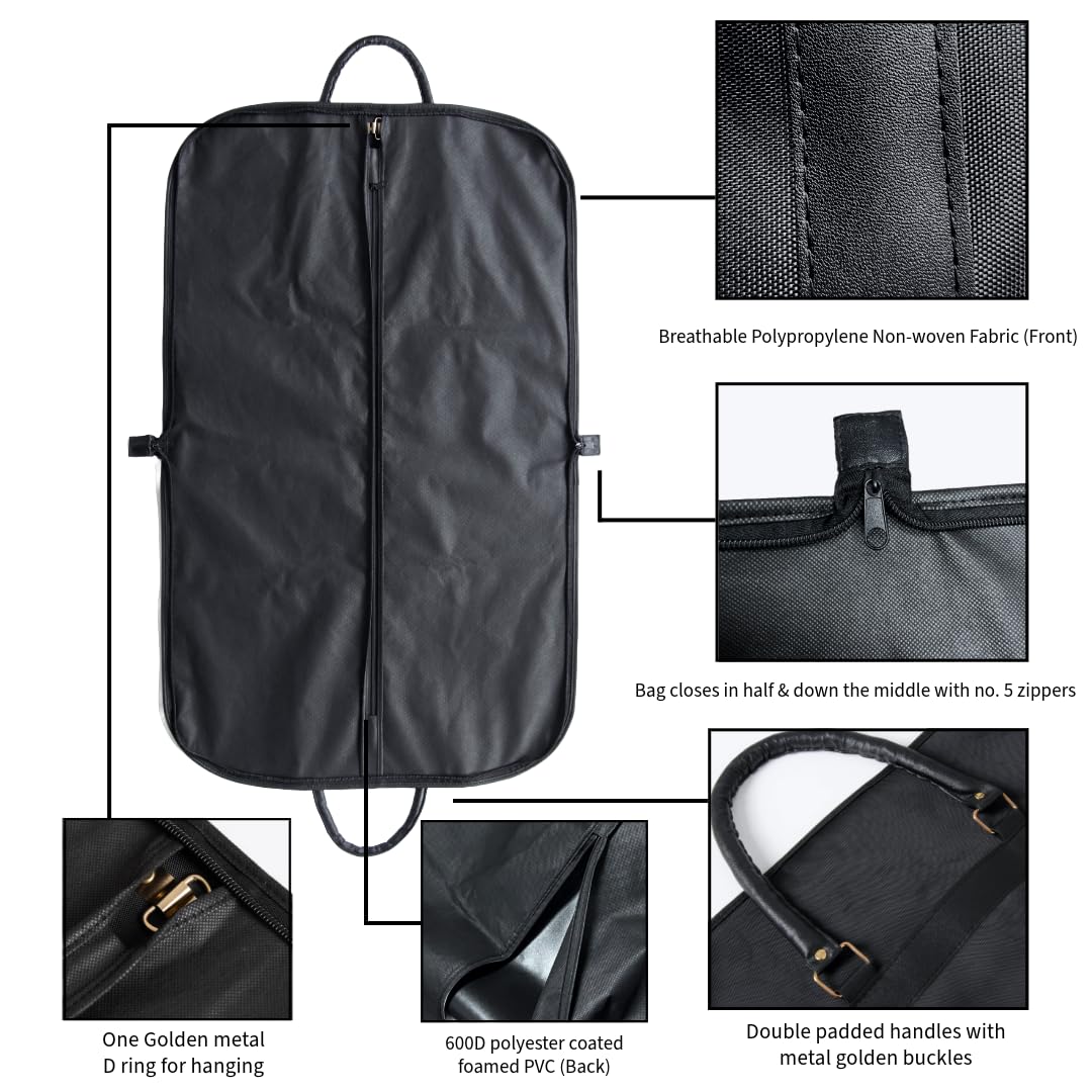 Heavy Duty Garment Bag for Travel – Suit & Dress Cover with Faux Leather Handles, Foldable Zippered Storage for Men & Women