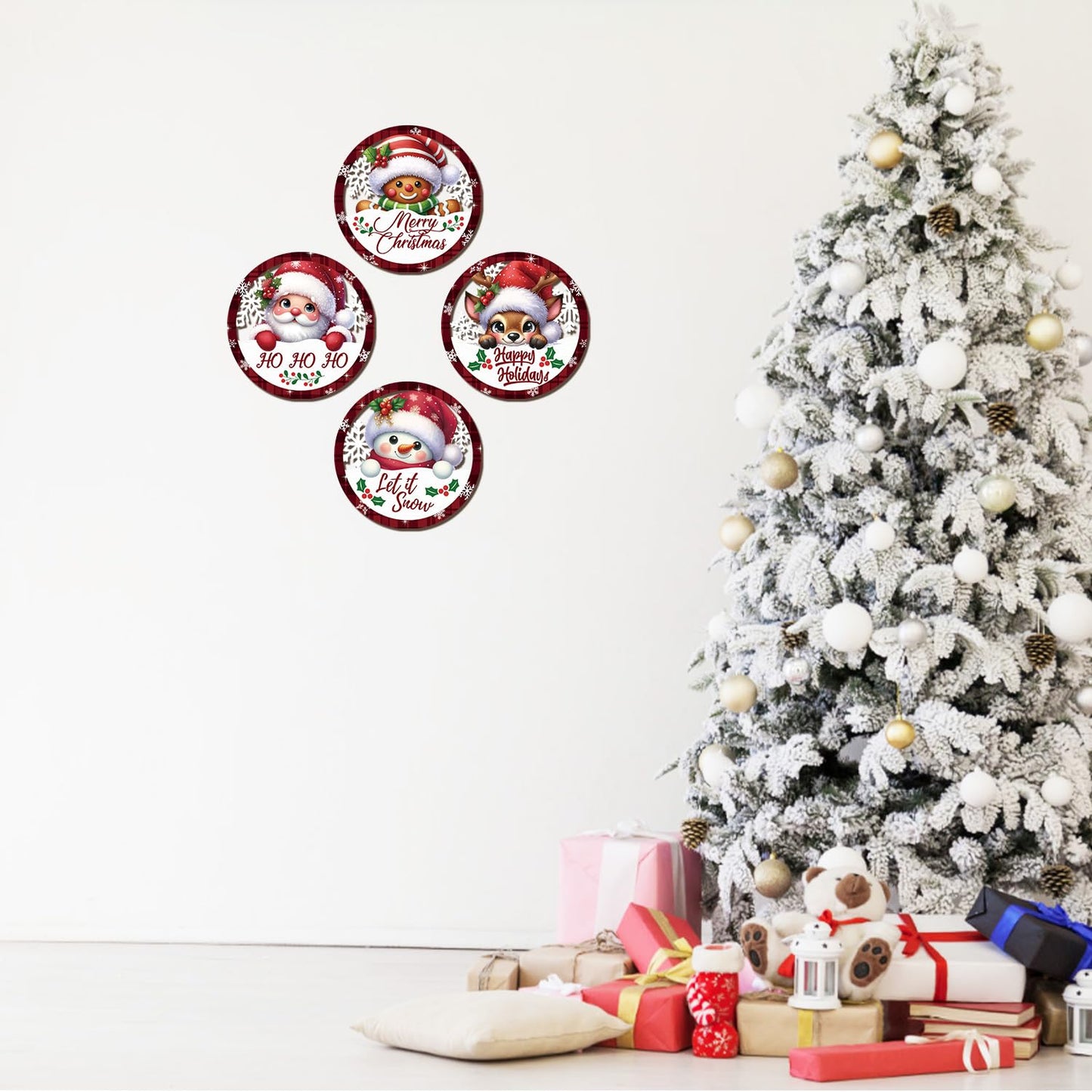 HOURIA 4PCS Christmas Wall Decorations Indoor, Merry Christmas Buffalo Plaid Wooden Hanging Wall Decor,10" Reindeer Gingerbread Man Snowman Sign,Xmas Holidays Wreath Sign for Living Room Bedroom