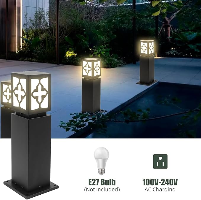 Landscape Path Lights 24" IP65 Waterproof Bollard Lights, Heavy Duty Steel Stable Widened Base E27 Lamp Holder, Modern Outdoor Path Lights Bollard for Lawn, Patio, Courtyard, Driveway, Lozenge 1pack