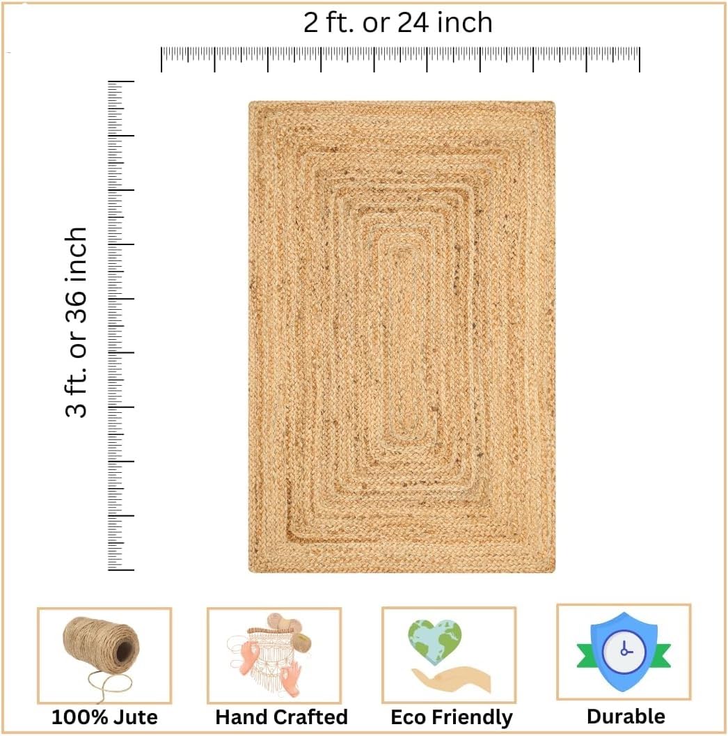 KEMA Handwoven Rectangular Jute Braided Rug 2'x3 ft' – Natural Reversible Farmhouse Boho Rug for Entryway, Kitchen, Living Room & Indoor Outdoor Use
