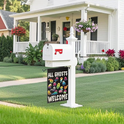 All Ghosts Welcome Garden Flag, Funny Ghost Yard Sign for Outside, LGBT Trans Pride Ally Flag, Spooky Fall Season Lawn Porch Halloween Decoration for Family Friend