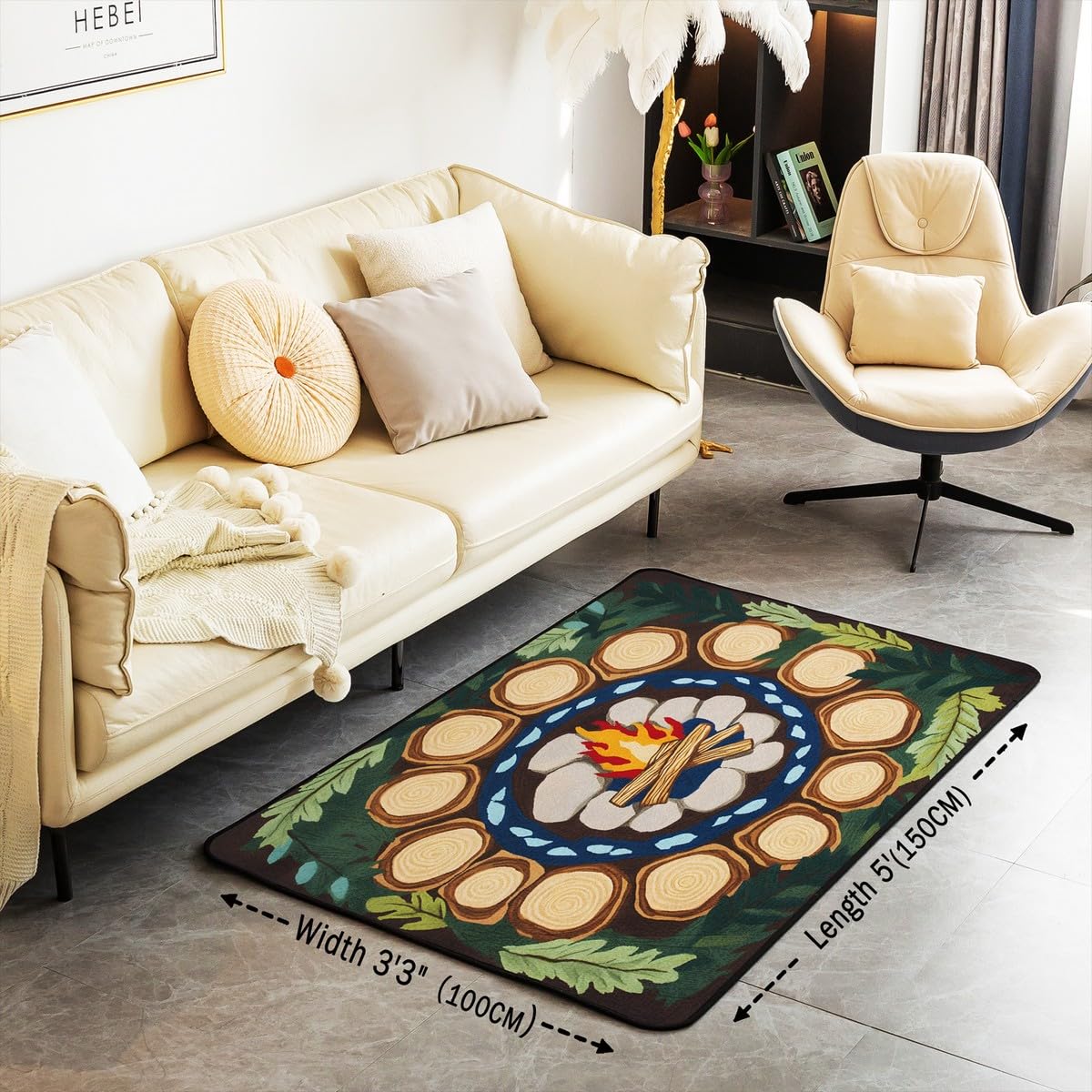 Feelyou Campfire Fun Living Room Rugs Tree Stump Area Rug 5x7 for Kids Boys Girls Woodland Tree Themed Decorative Carpet Campsite Summer Indoor Floor Mat Green Classroom Rug