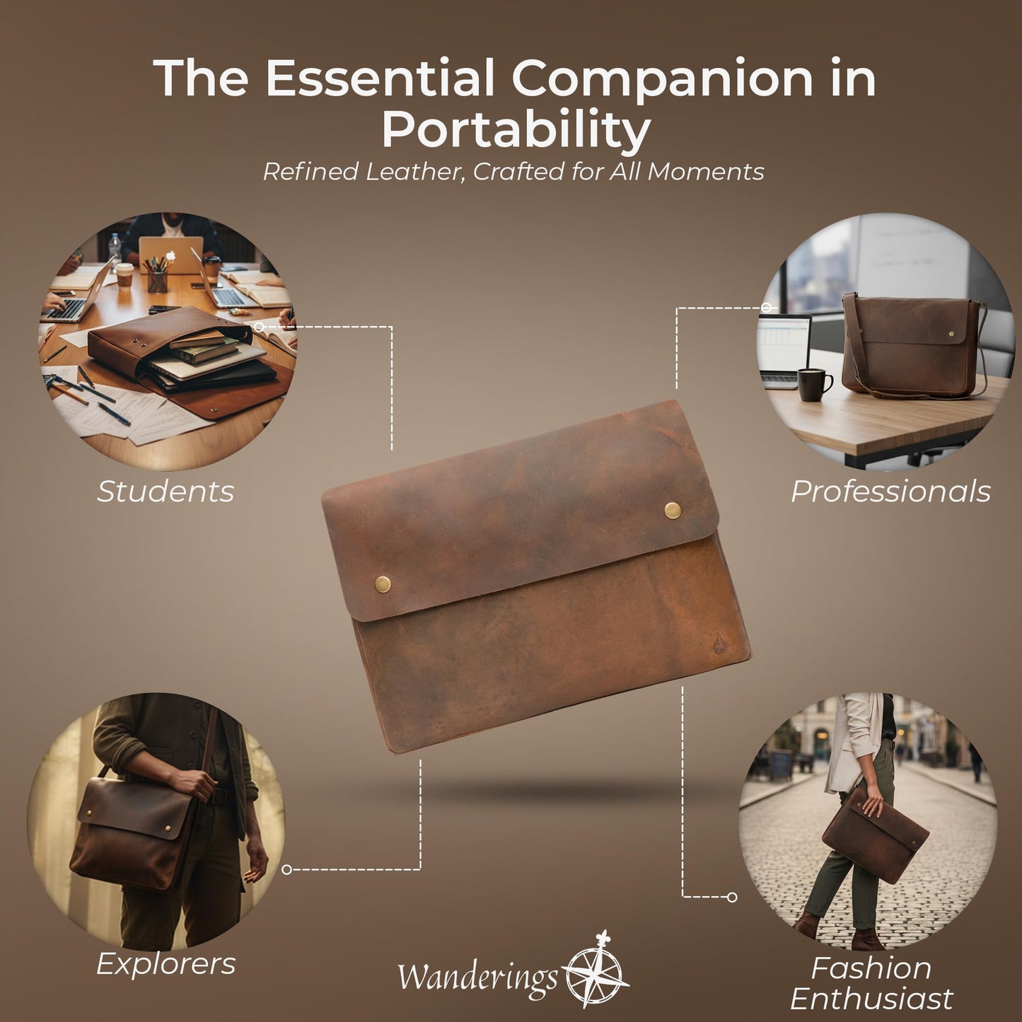 WANDERINGS Genuine Full Grain Leather Folder with Removable Strap - Handcrafted Folio Document Organizer - Leather Document Holder for Men and Women - Fits 15" 14" 13" Tablets and Laptops