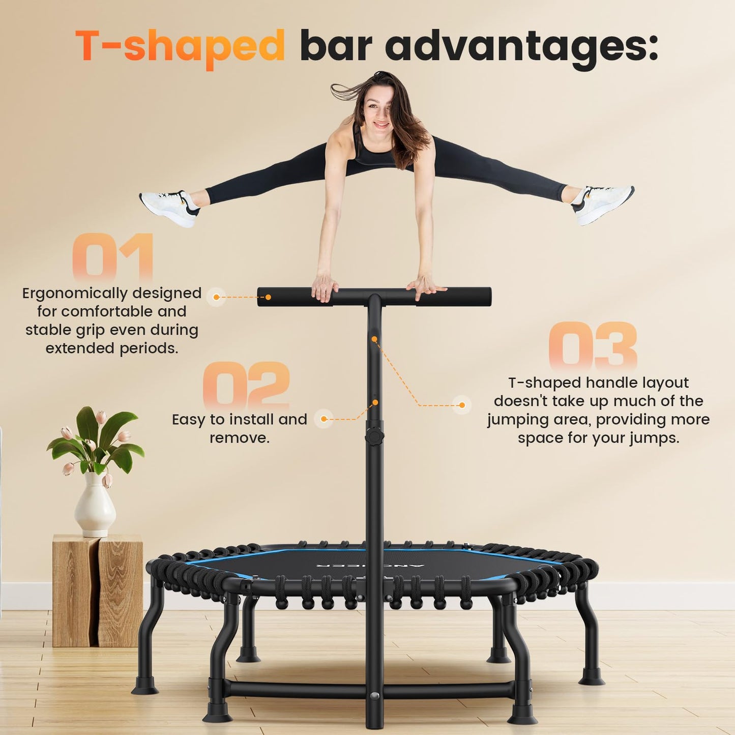 ANCHEER 50" Rebounder Trampoline for Adults- 2026 Foldable Mini Trampoline with Bar- Exercise Trampoline for Adults, Max Load 560lbs, for Indoor/Garden Workout