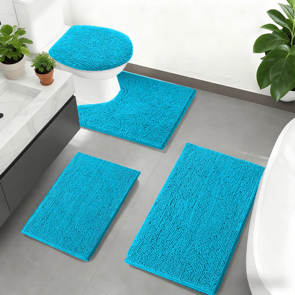 RUN HELIX Teal Bathroom Rug Set - 4 Piece with Toilet Lid Cover, Non Slip Mats, Extra Soft Chenille, Absorbent Shaggy, Perfect Plush U-Shaped Toilet Rug