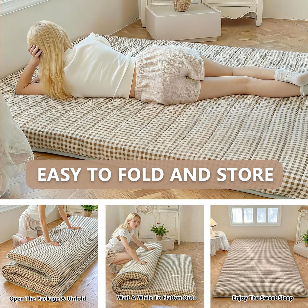 NSNLGSGC Tan Gingham Japanese Floor Mattress, 3.5" Thick High Density Foam Futon Mattress, Foldable Tatami Sleeping Pad, Roll Up Floor Bed for Dorm Guest Room, Twin Size 39" x 80"