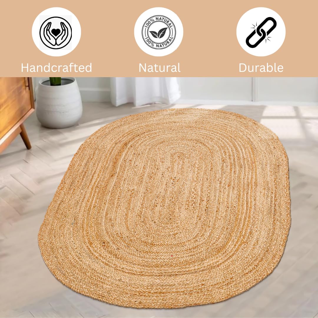 OHOMLY LIVING Handcrafted Jute Braided Rug 3x5 Feet Oval - 100% Natural Jute Area Rug - Rustic Farmhouse Boho Accent Rug for Living Room Bedroom Kitchen Entryway Reversible Handwoven Floor Rug